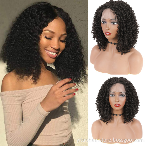 Wholesale Price Nautral Black Kinky curly Bob wigs for black women Synthetic hair  transparent lace curly bob Wigs Vendor